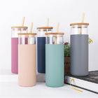 Nontoxic Silicone Water Bottle Transparent Glass With Silicone Straw Bamboo Lids